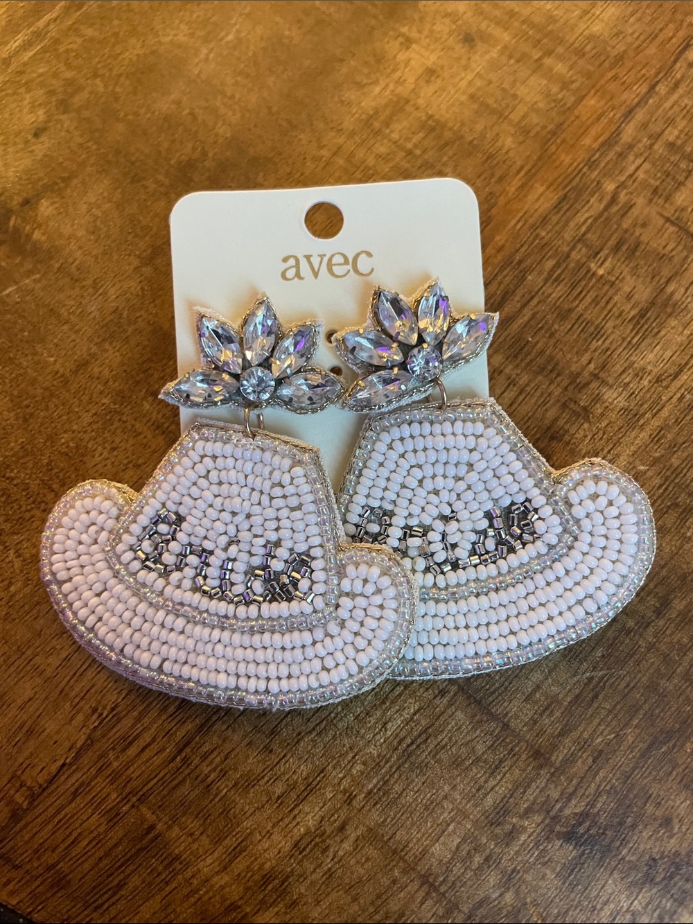 Avec White Beaded Cowboy Hat Drop Earrings with Crystal Floral Studs